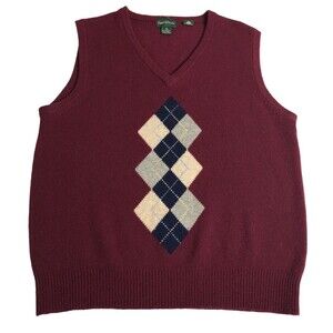 Vintage Four Winds Sweater Vest Mens L Burgundy Argyle Knit Lambswool Preppy 90s